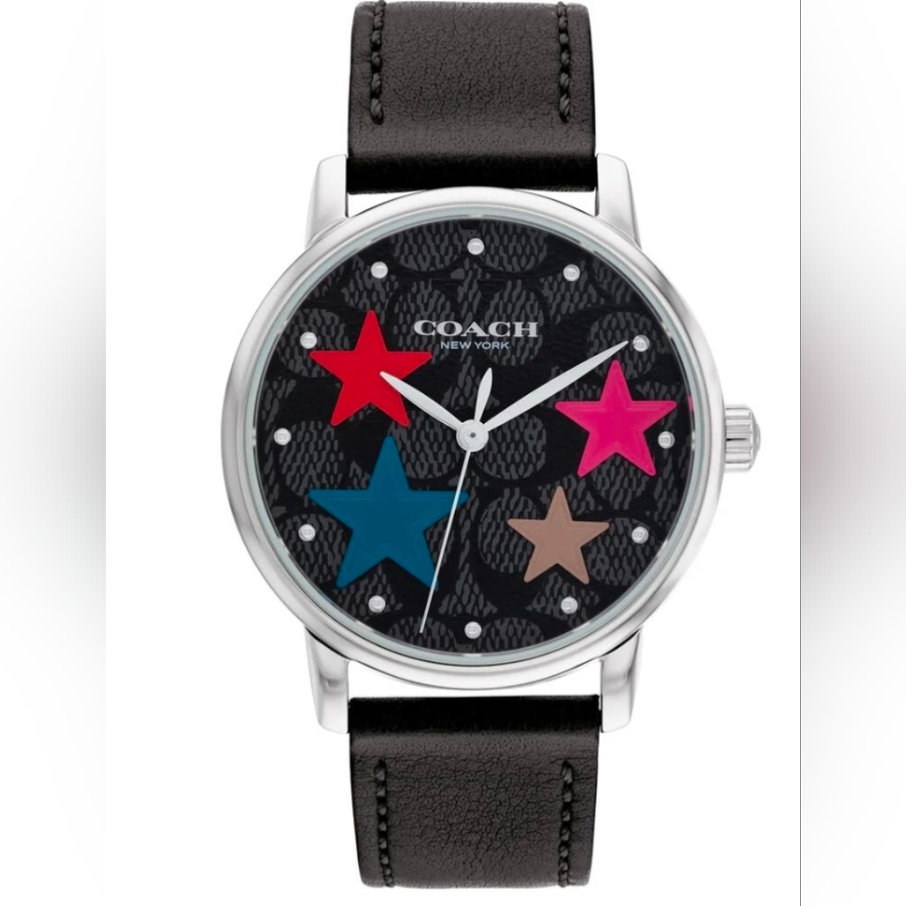 NIB Coach Star Dial Watch Black Leather Strap Multicolor Designer
